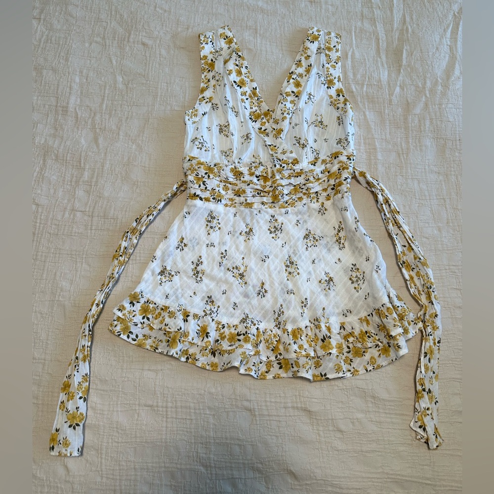Floral Sleeveless Wrap Top - White and Yellow